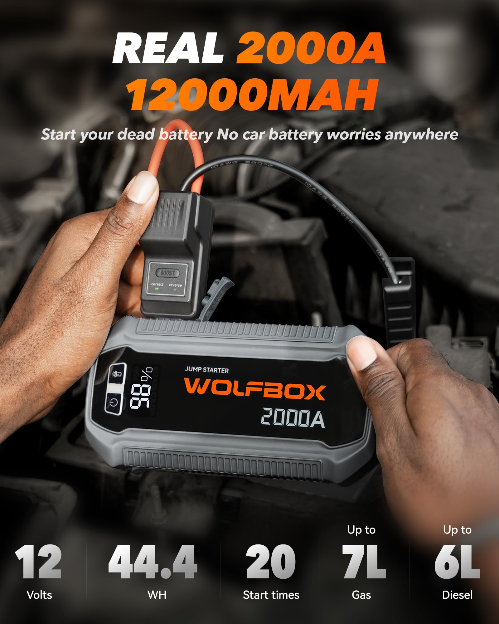 WOLFBOX 2000A Jump Starter, 12000mAh Battery Jumper Starter Portable with LED Display, 12V Car Battery Jump Starter Pack (7L Gas 6L Diesel Engine) with Booster, LED Light, Jumper Cables (NO Adapter)