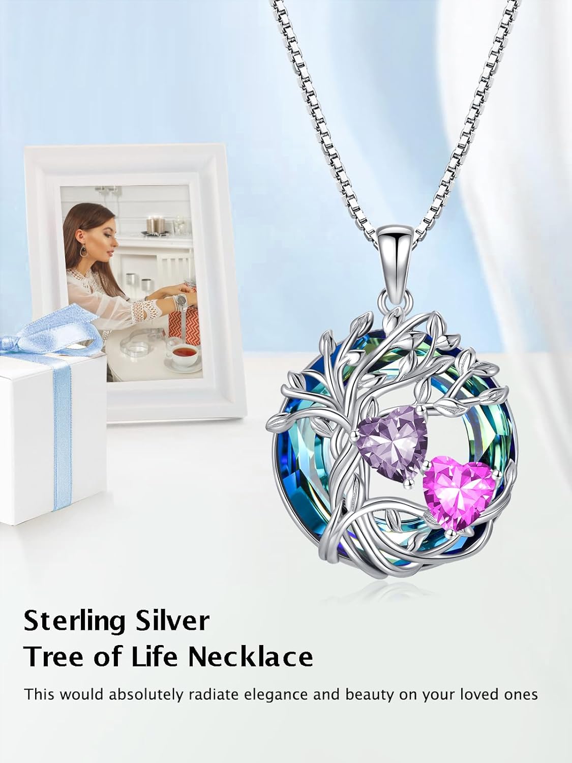 TOUPOP s925 Sterling Silver Family Celtic Tree of Life Pendant Necklaces with 2 Heart Birthstone with Blue Austrian Crystal Jewelry Birthday Valentines Day Gifts for Her, Anniversary Christmas Gifts for Wife Girlfriend Mom (18K Real White Gold Filled) - Image 2