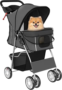 PawHut Dog Pram Foldable Pet Stroller for Small Dogs Cats Dark Grey | Pet Buggy Pushchair, 360  Swivel EVA Wheels, Brake, Reflective Strips, Mesh Windows, Washable Cushion