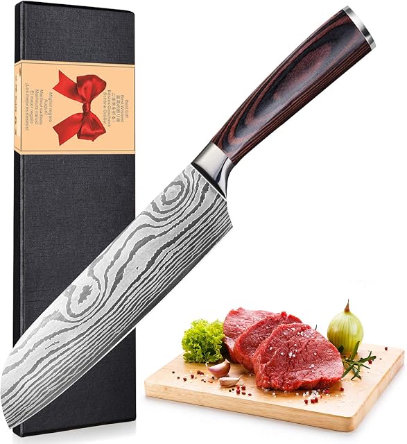 Home Safety Santoku Knife, Chef Knife 7 Inch - Professional Chefs Knife - German High Carbon Stainless Steel - Best Value with Exquisite Packaging - Ultra Sharp Cooking Knife