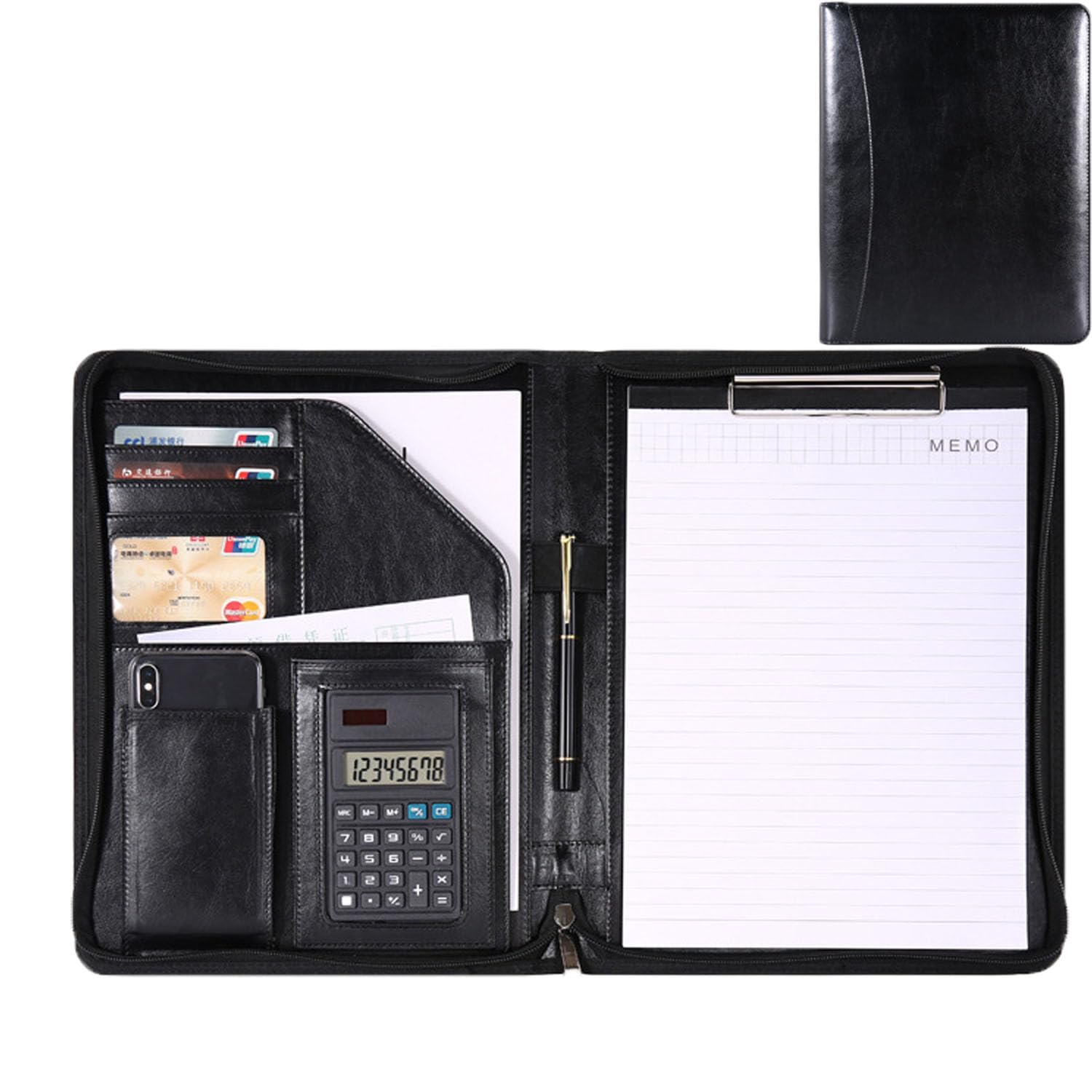 Porte Documents A4,avec Porte-Plaque en Alliage et Calculatrice,avec Fermeture éclair,pour Réunion,Bureau,école