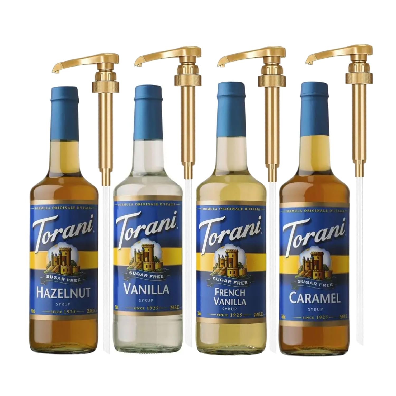 Sugar Free Syrup 4 Pack- Variety Pack Sugar free: Caramel, French Vanilla, Vanilla & Hazelnut Coffee Soda Flavoring with 4 Jimoco Pump Dispensers