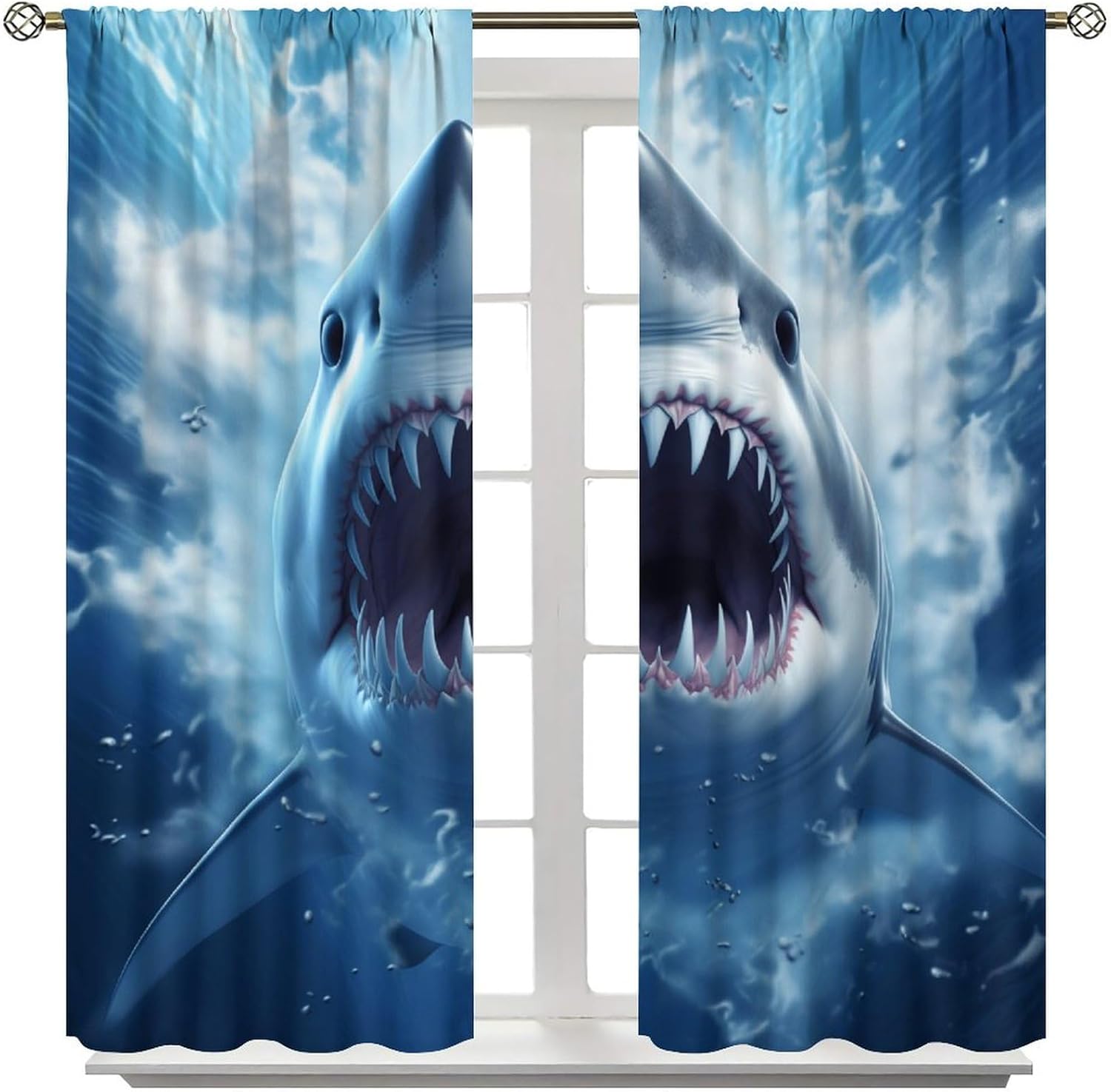 Deep Sea Shark Blackout Curtains for Boys 3D Blue Ocean Splash Scary Shark Animal Fish Window Drapes for Kids Teenage Bedroom Living Room 42x63in