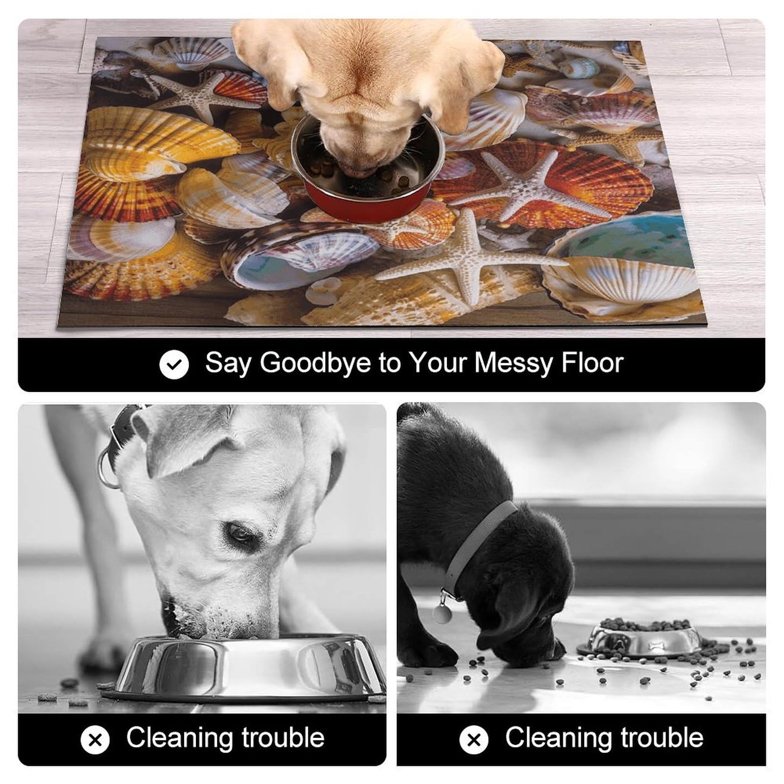 Sea Shell Treasures Tapis de nourriture pour chat – Tapis d'alimentation antidérapant pour chien facile à nettoyer pour la nourriture et l'eau, tapis de gamelle pour chien et chat 43,2 x 76,2 cm