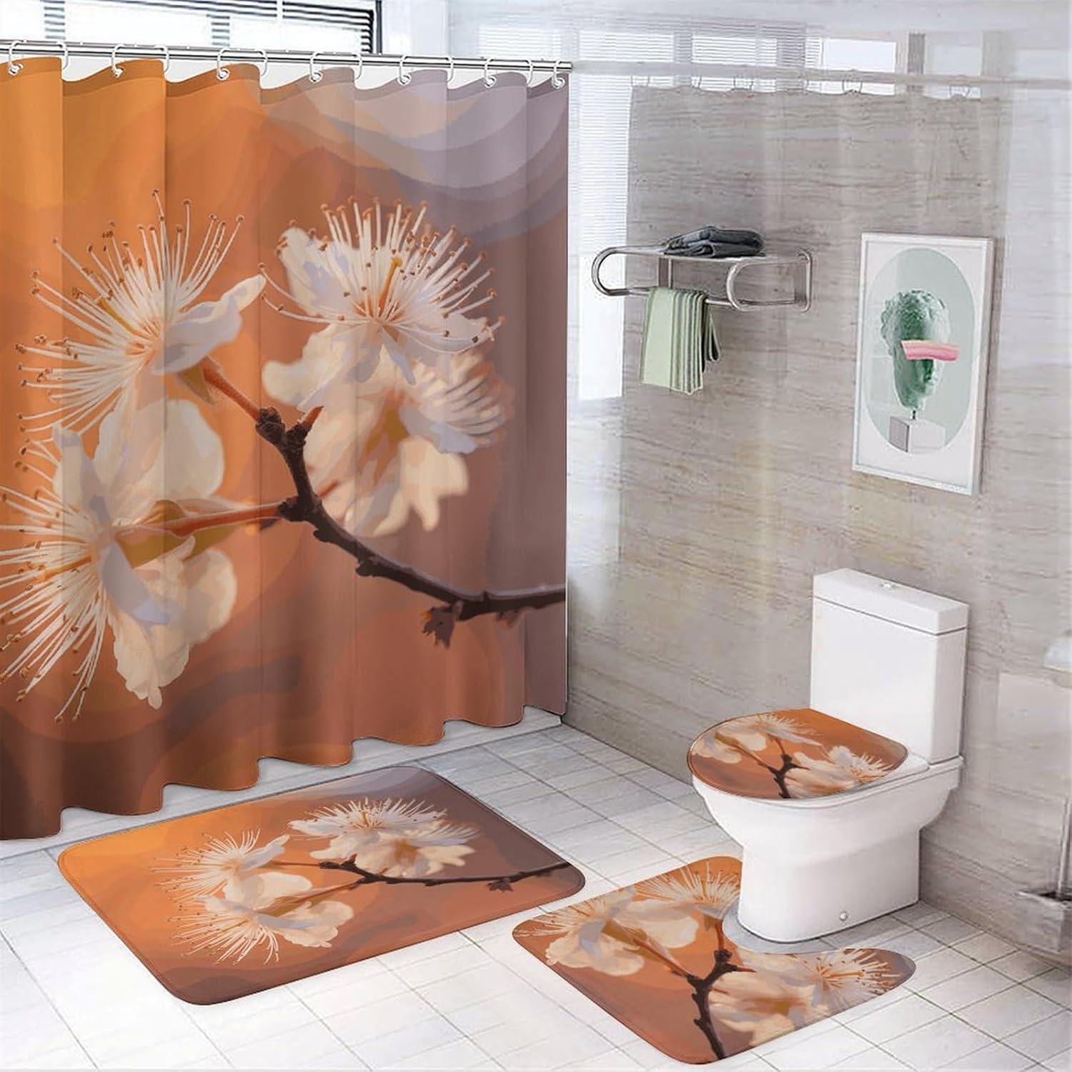 Flowers Under Orange Light 4Pcs Shower Curtain Set with Non-Slip Rugs, Toilet Lid Cover and Bath Mat,Bathroom Set Decor Accessories,Curtain Set with 12 Hooks, 72 X 72 Inch