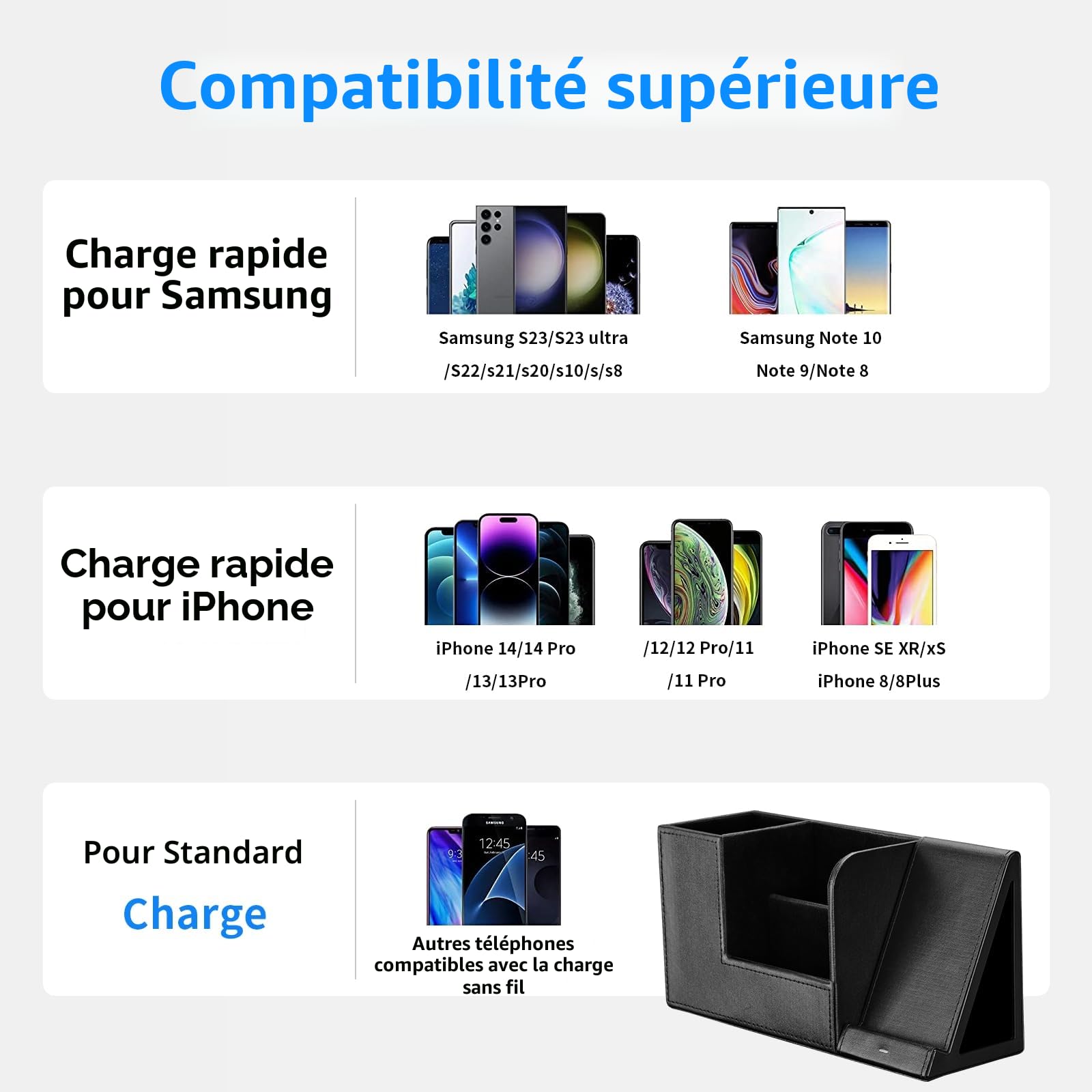 GORESE Organiseur de bureau 2 en 1 avec chargeur sans fil rapide, fournitures de bureau, station de charge inductive 10 W pour iPhone 15 14 13 12 Pro Max Samsung Galaxy S23/S22/S21/S20/S9