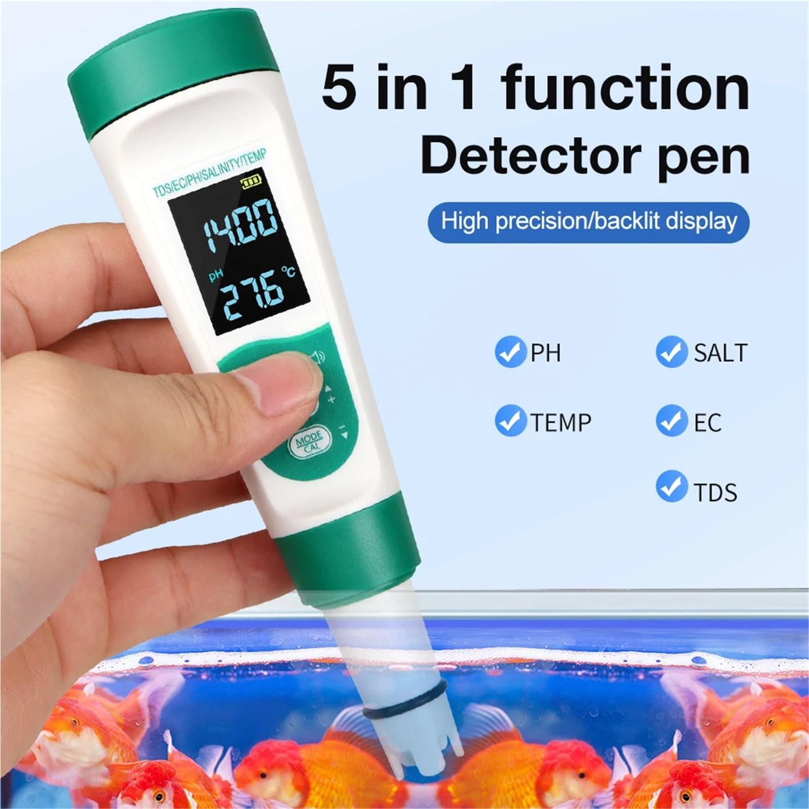 Testeur de pH 5 en 1, température, TDS, EC, salinité, Moniteur numérique Rechargeable qualité l'eau, testeur sel for Aquariums et piscines Précision portative