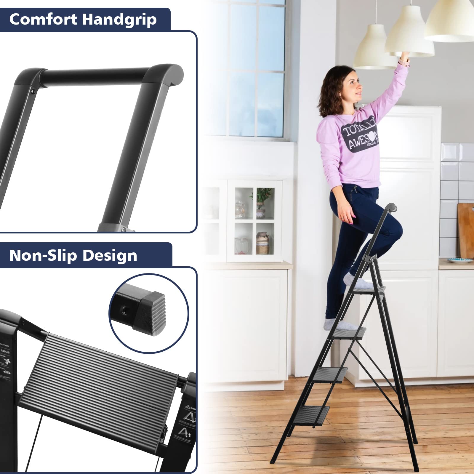 augtarlion 4 Step Ladder, Aluminum Folding Step Stool with Convenient Handgrip, Lightweight Step Ladder with Anti-Slip Sturdy Pedal for Home, Kitchen and Office, Black, 330 Lbs Capacity