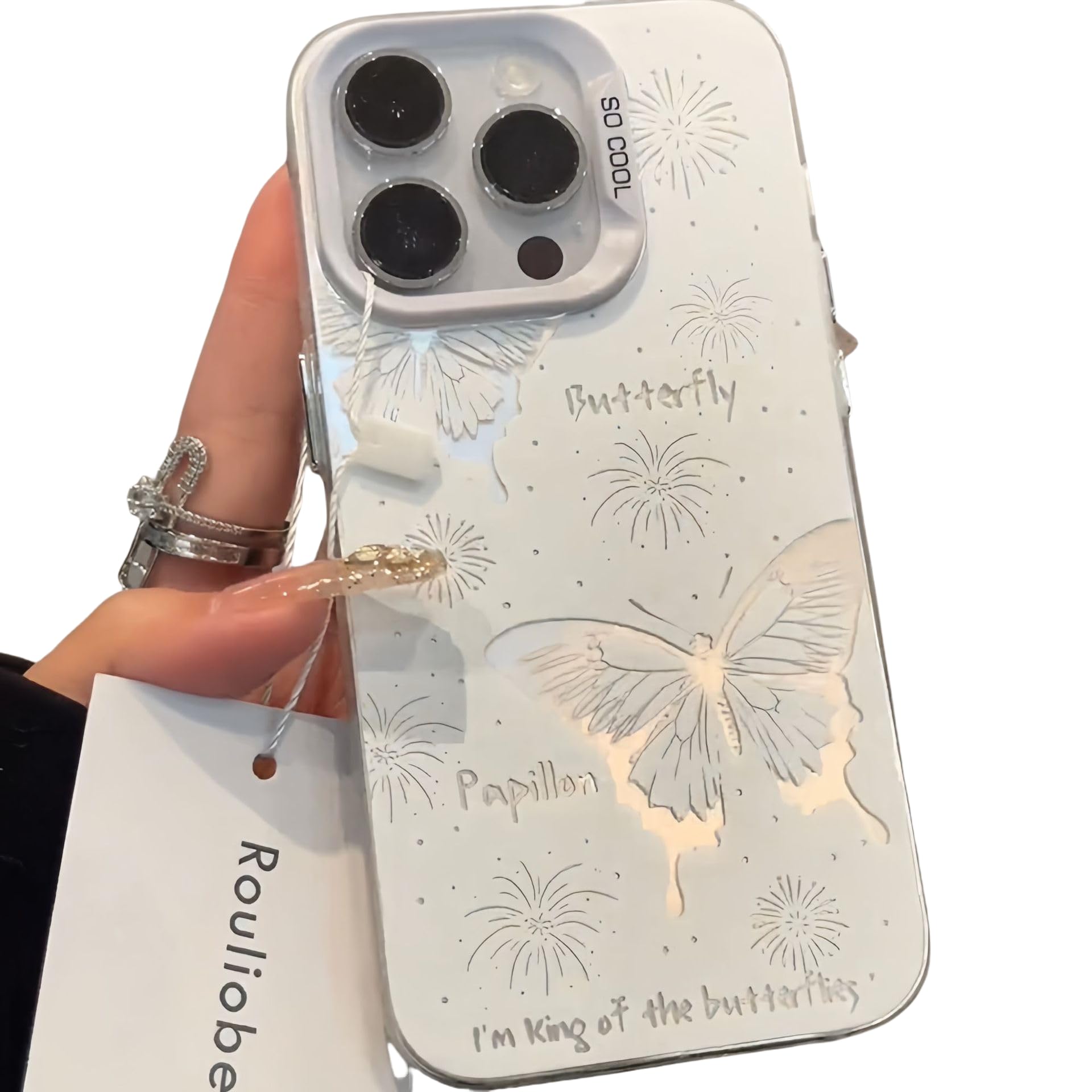 「YUINJP」 iphone16/iPhone15pro用ケース カバー 人気スマホケース アイフォンケース 韓国 ins おしゃれ 光沢 透かし彫り感 バタフライデザイン 蝶々 ちょう シンプル 美しい 可愛い かわいい 女子向け 女性人気 全面保護 薄くて軽い 耐衝撃 薄型 指紋防止 脱着簡単 誕生日プレゼント (iPhone13pro,ホワイト)