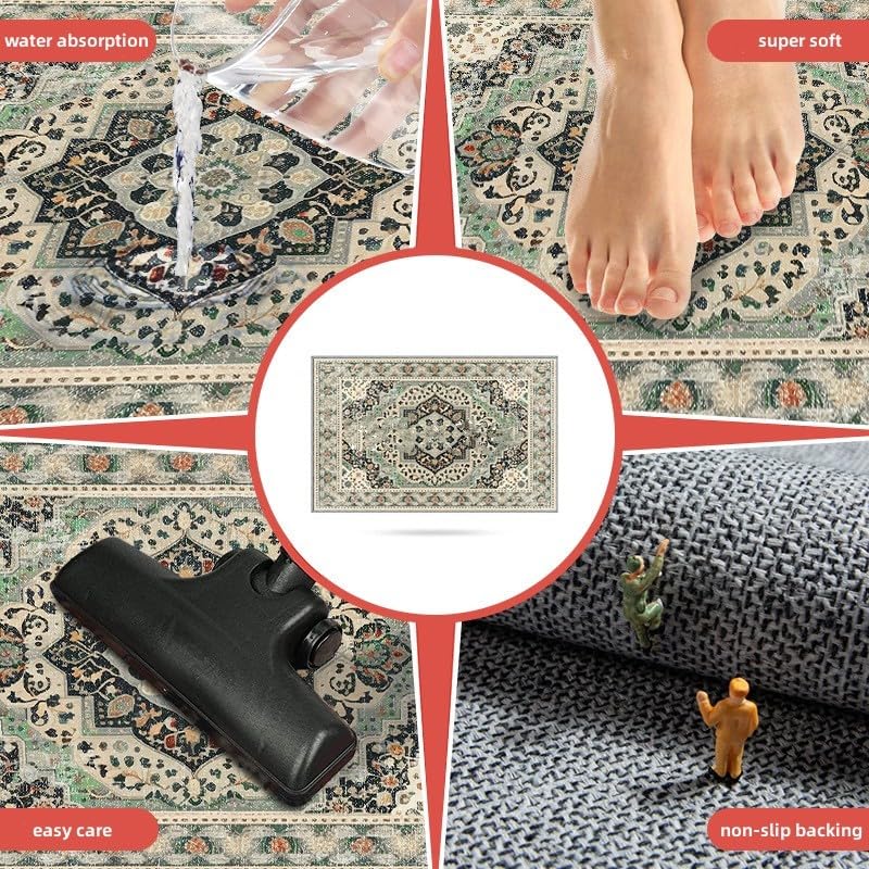 Poowe Alfombra verde floral lavable, estilo bohemio, elegante, diseño desgastado, no desprende pelusa, fácil cuidado, ideal para zonas de alto tráfico en sala de estar, dormitorio, oficina, cocina,