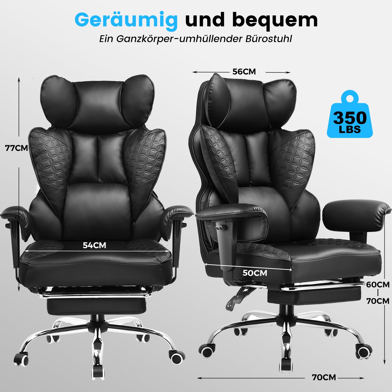 COMHOMA Gaming Stuhl, ergonomischer Bürostuhl, Schreibtischstuhl mit verstellbare Armlehnen, Taschenfederkern-Lendenwirbelstütze für große und hohe Personen, 180 kg, breiter Sitzfläche, schwarz