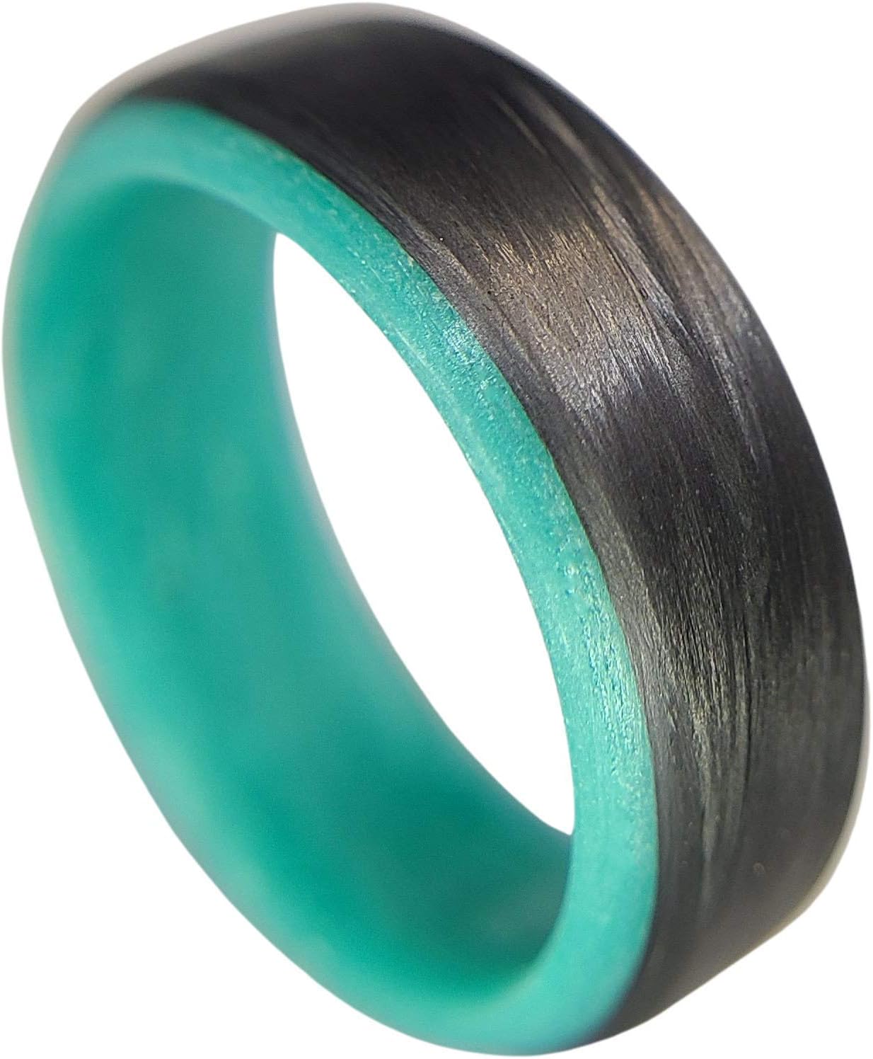 Handmade Ring Band - Men's or Women's Carbon Fiber Ring with Teal Glow Interior, Matte Finish, Glow-in-the-Dark, Durable, Waterproof, Sizes 4-16, Custom Band Widths