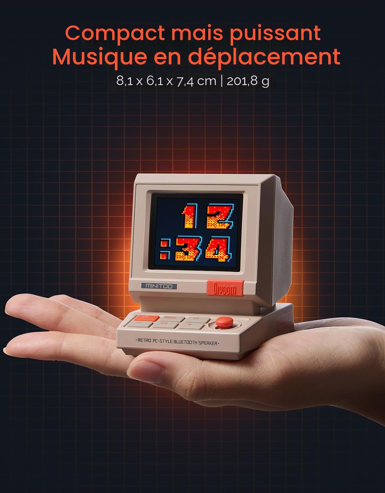 Divoom Minitoo Enceinte Bluetooth Pixel Art, réveil, au Style Mini PC rétro