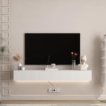 Vibe & Dine TV Stands for Up to 70 inch TVs, Modern Entertainment Center with LED Lights and Charging Station, Media TV Console Table with Doors Storage for Living Room Bedroom, White
