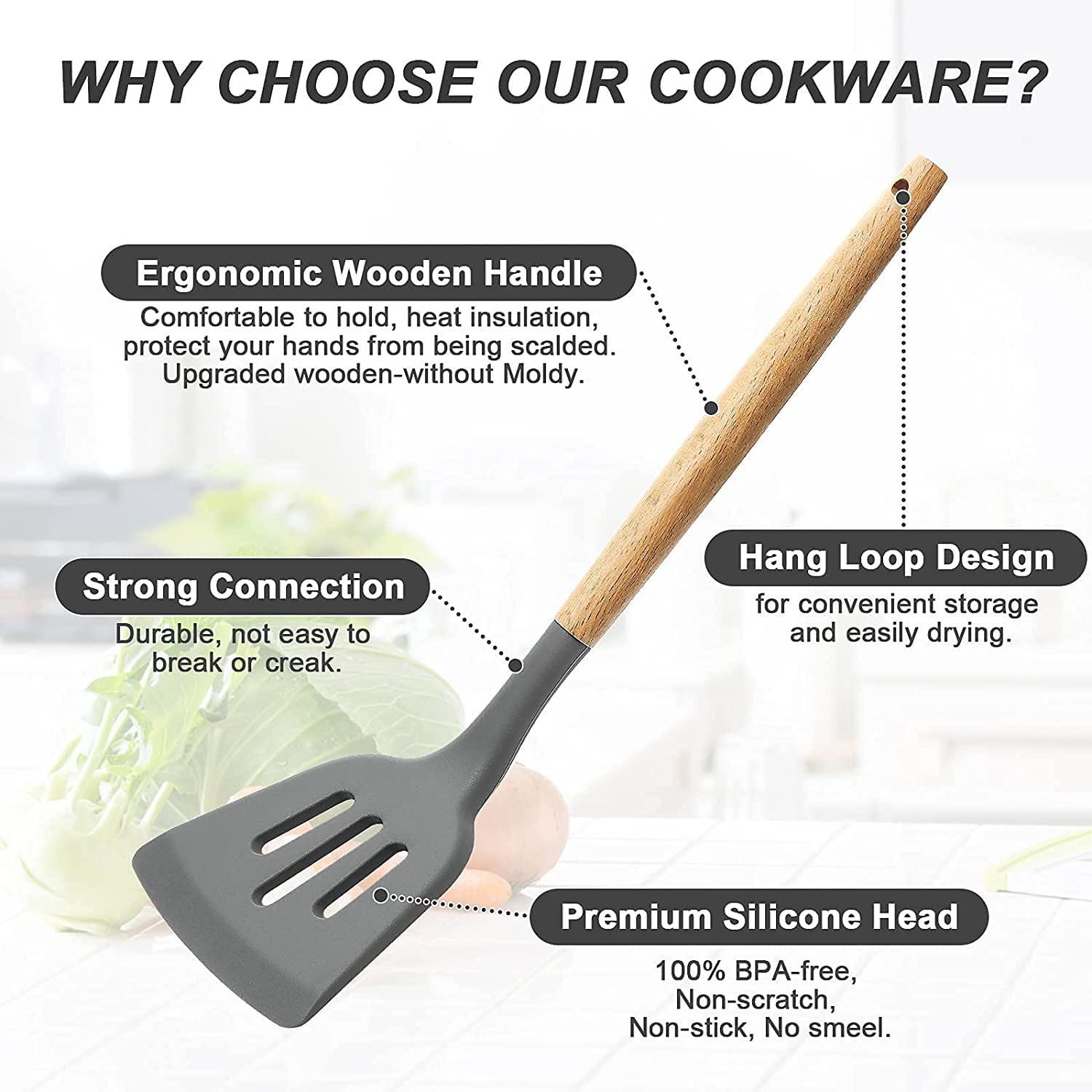 Juego de utensilios de cocina de 33 piezas antiadherentes de silicona con soporte, mango de madera, juego de utensilios de cocina de silicona (carbón)