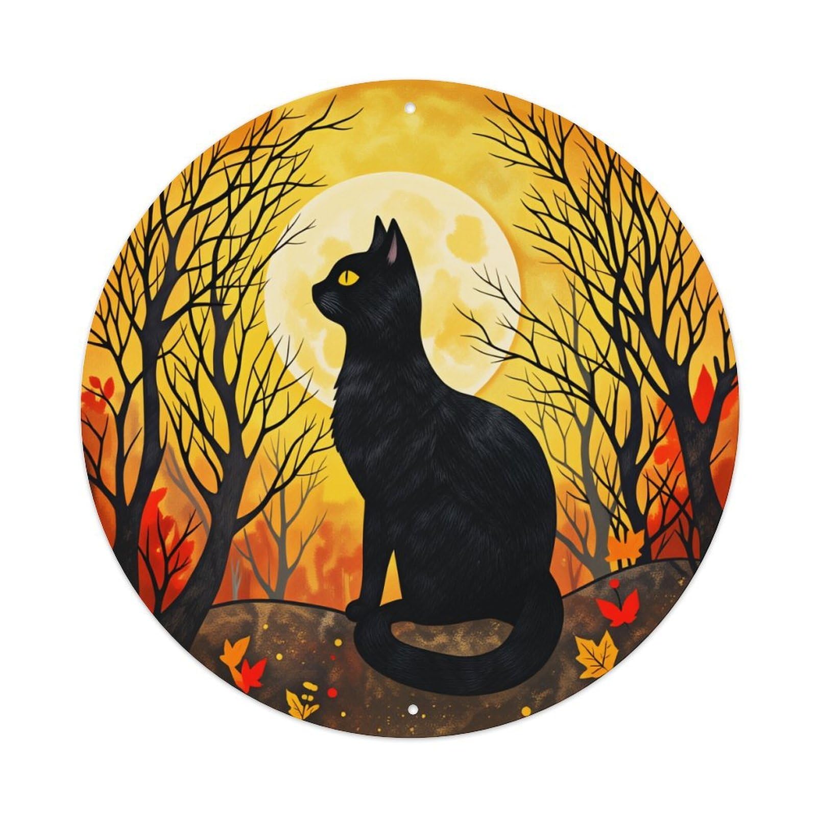 Black Cat Moon Trees Leaves Round Tin Sign Vintage Metal Poster Retro Bar, Home, Man Cave, Kitchen, Laundry Room Wall Art Decor Gift 8x8Inch