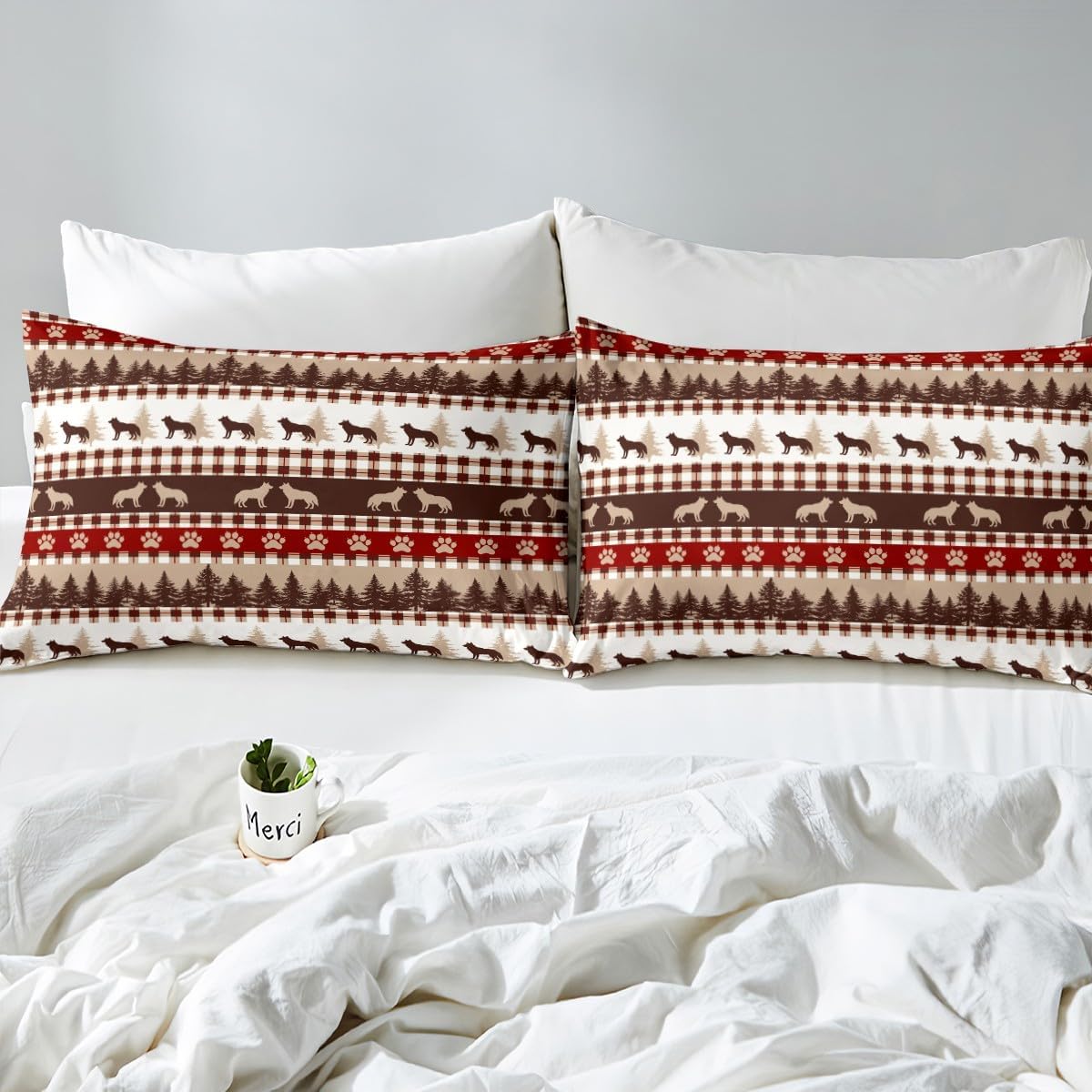 Erosebridal Wolf Full Size Fitted Sheet,Rustic Checkered Buffalo Plaid Sheets,Geometric Bear Paw Print Bed Sheets,Botanical Pine Tree Woodland Bedding Set 3Pcs(1 Fitted Sheet,2 Pillowcases)