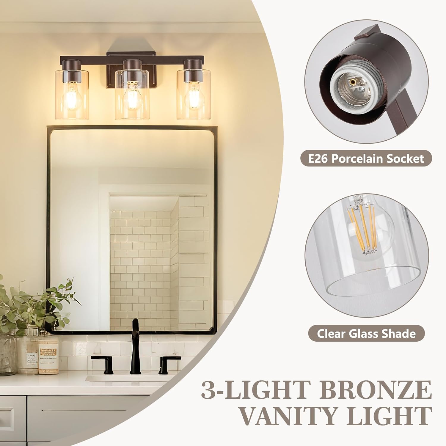 3-Light Bathroom Light Fixtures Modern Vanity Lights with Clear Glass Shade Oil Rubbed Bronze Wall Sconces Over Mirror for Bathroom,Powder Room, Living Room