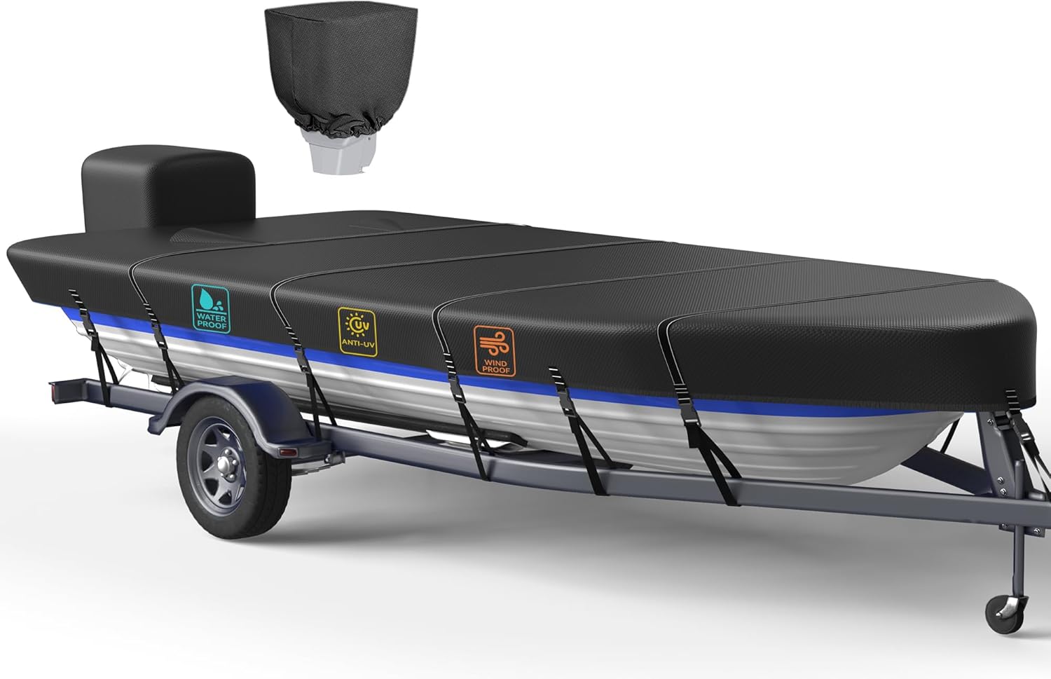1200D 5-Layer Jon Boat Cover 14-16ft with Motor Cover | Super Waterproof (2-Layer PU, 1" Seam Tape) | UV Resistant, 9+4 Windproof Straps | Mooring/Trailerable