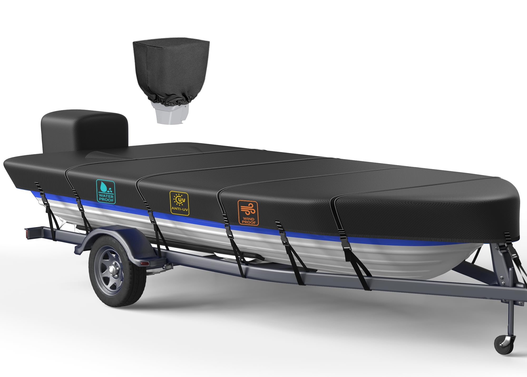 Photo 1 of 1200D 5-Layer Jon Boat Cover 16-18ft with Motor Cover | Super Waterproof (2-Layer PU, 1" Seam Tape) | UV Resistant, 11+4 Windproof Straps | Mooring/Trailerable