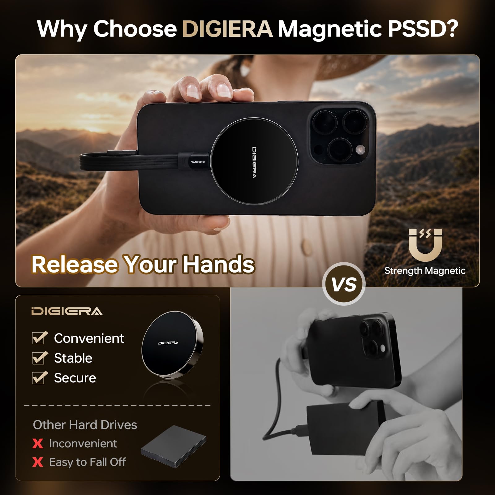 DIGIERA 2 TB SSD Portátil Magnético, Disco Duro Externo SSD con USB-C 3.2 Gen 2x2, Velocidad hasta 2000 MB/s, Compacto y Resistente, Compatible con iPhone 15/16/17 y Otros Dispositivos USB-C