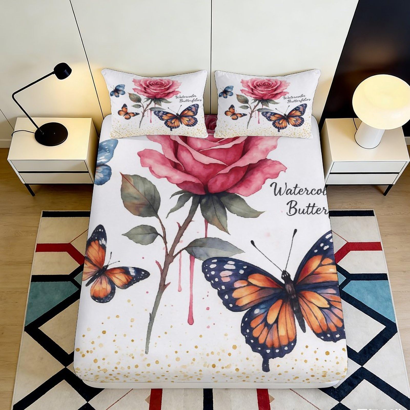 3D Printed Watercolor Rose Fitted Sheet Microfiber Soft Butterfly Bed Cover for Bedroom Guest Room Decor 90x200x25cm
