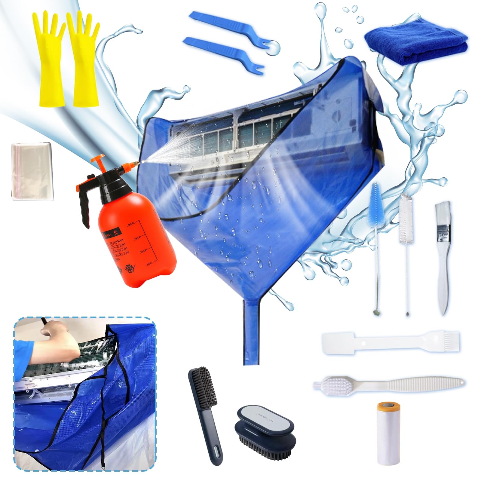 Kit de limpieza ZSPLIT-MAIR todo en uno para minisplits con pulverizador a presión - Bolsa de limpieza reutilizable a prueba de fugas, 16 herramientas de mantenimiento (Azul)