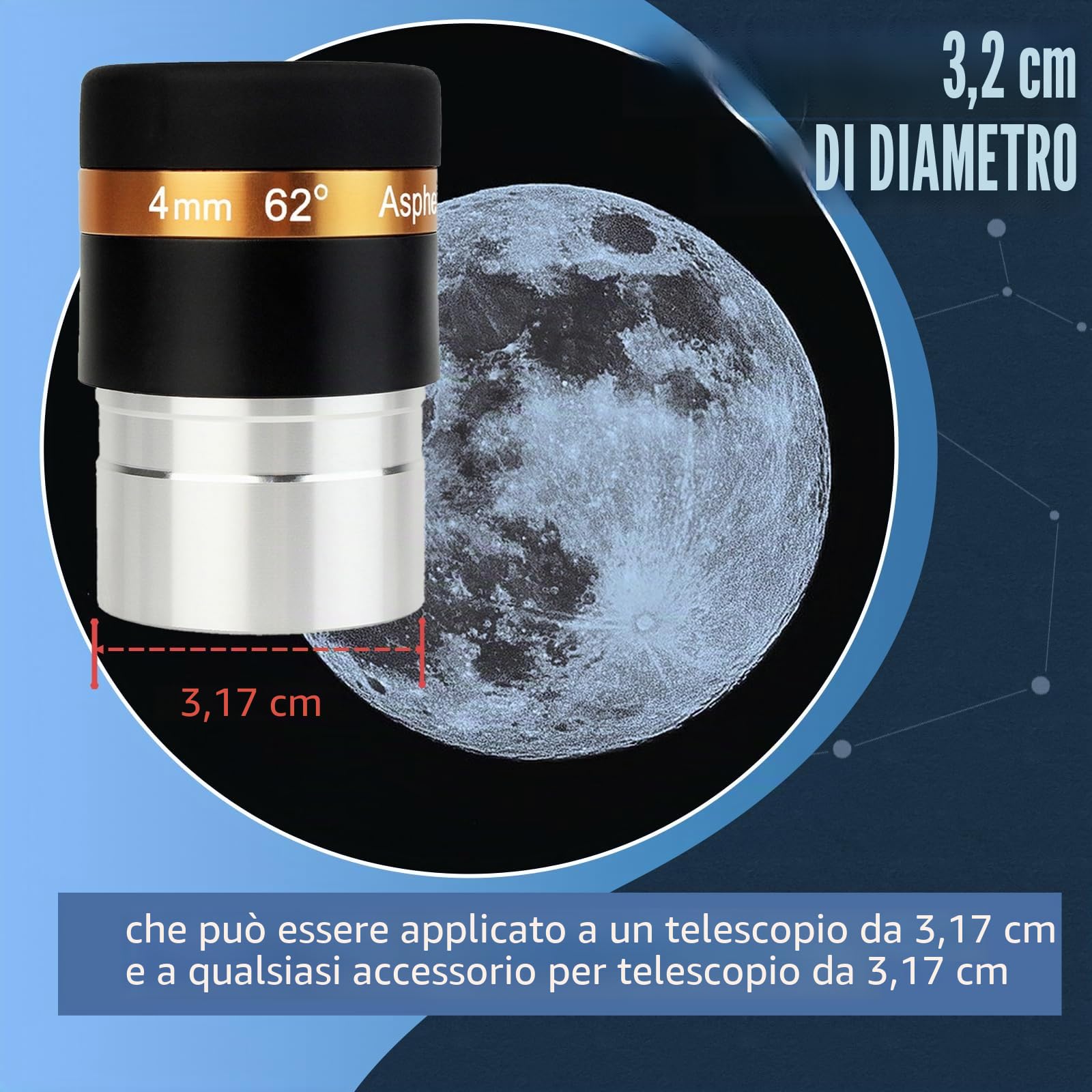Svbony Oculare 4mm, HD Completamente Rivestito Oculare Telescopico Lente Asferica Grandangolo da 62 Gradi, 1,25” Accessori Telescopio con Filettatura Filtro per Luna Giove Osservazione Planetaria