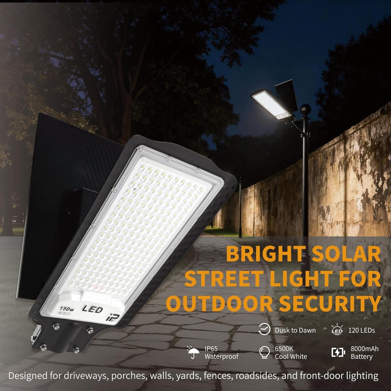 JINXING Solar Street Light Outdoor, Dusk to Dawn Security Light, 120 LED 6500K Solar Powered Outdoor Lights, IP65 Waterproof Wall or Pole Mounted Light for Street, Yard, Porch, Garden, Front Door