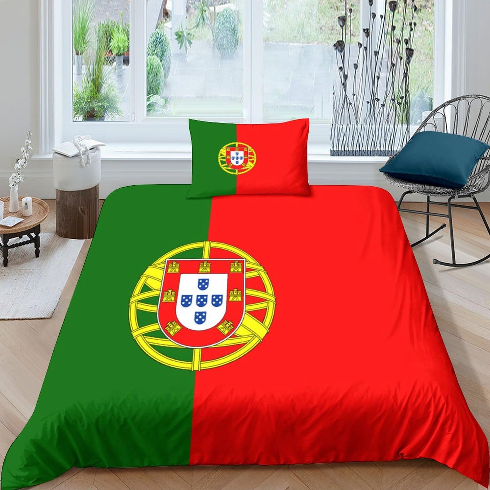 AAHARYA Flag of Portugal Duvet Cover 3D National Flag Printed Pattern Design Bedding Set Comforter Cover For Kids Aldult Bedspread Soft Microfiber Quilt Cover 3pcs Set Single（135x200cm）