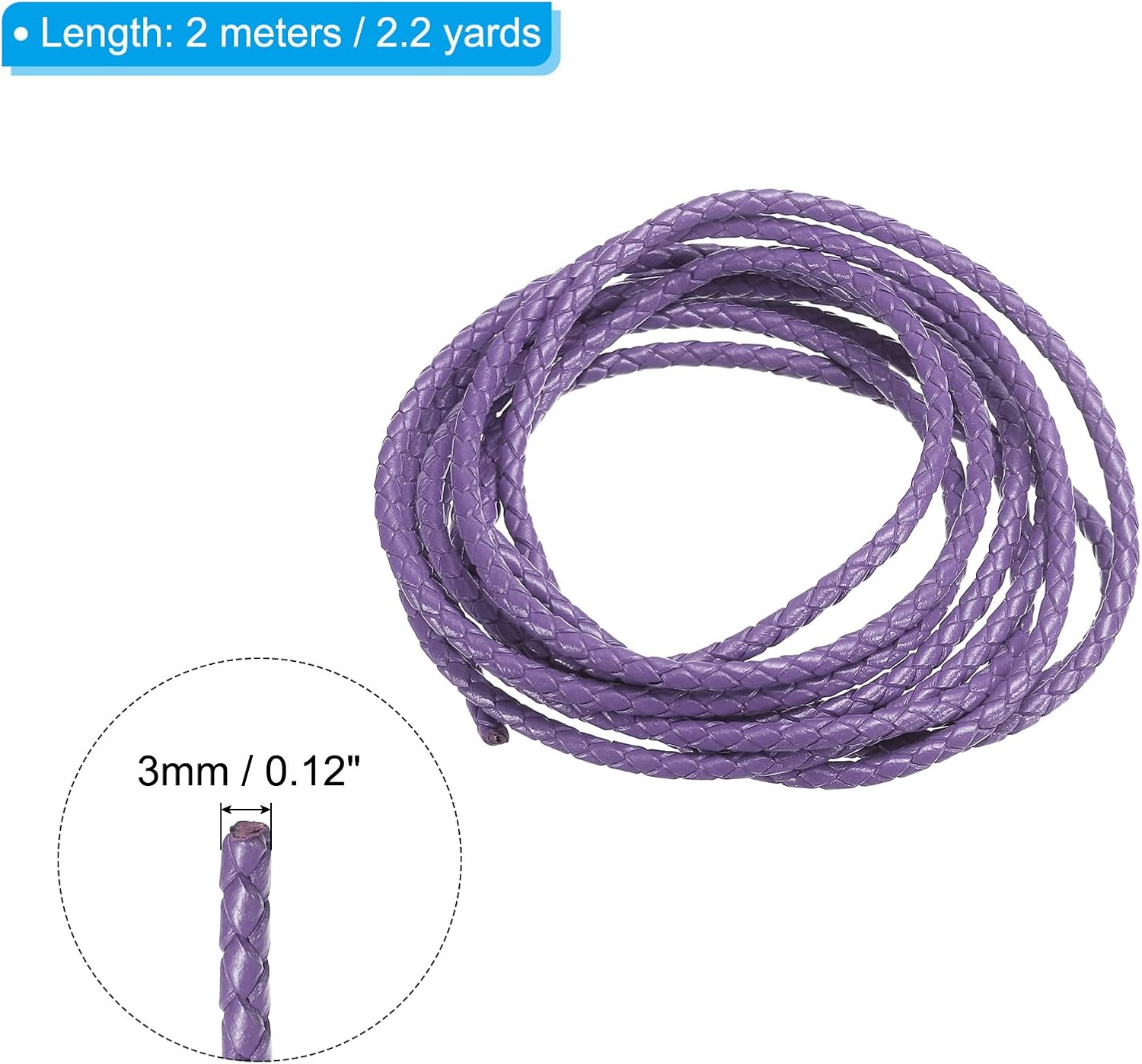 PATIKIL Round Braided Leather Cord, 3mm Round Braided Genuine Leather Cord Rope Folded for Crafts Jewelry Making Necklace Bracelets, Light Purple (2.2 Yards) image 2