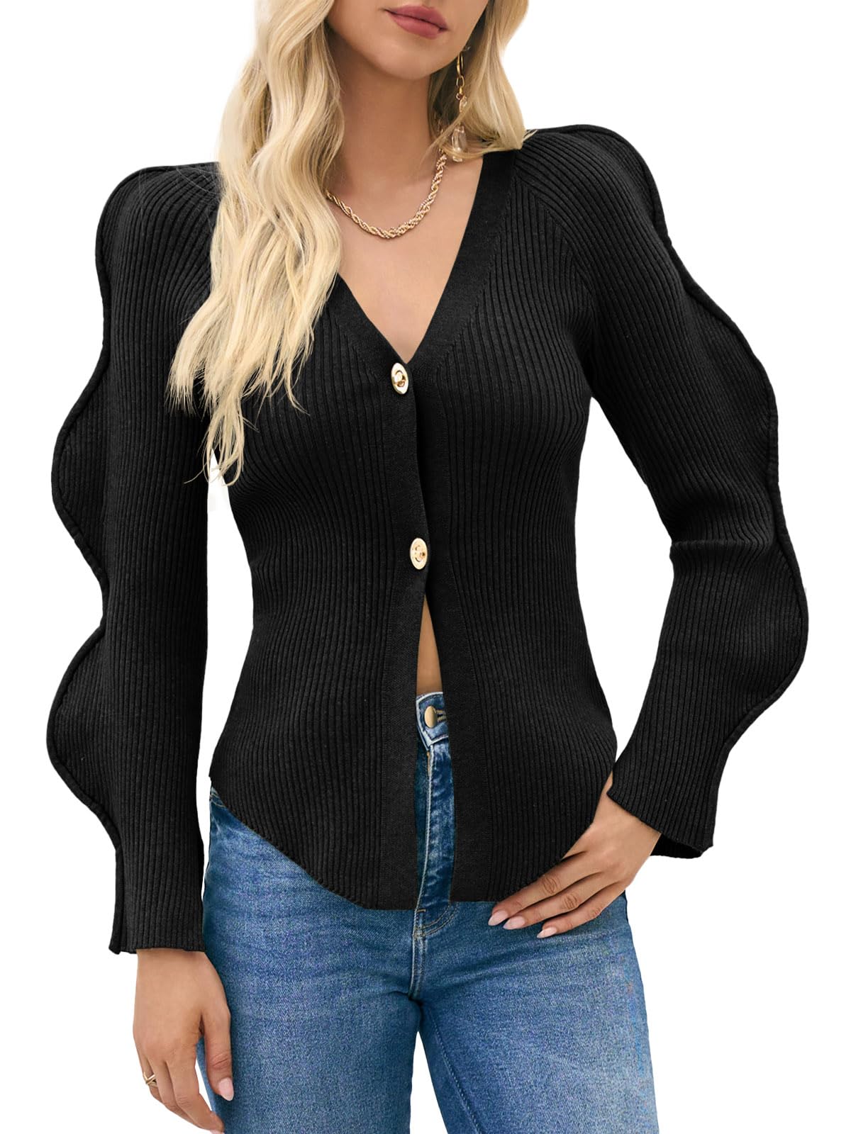 Saodimallsu Womens Button Up Cardigans V Neck Ribbed Knit Fitted Sweaters Long Sleeve Trendy Split Going Out Tops