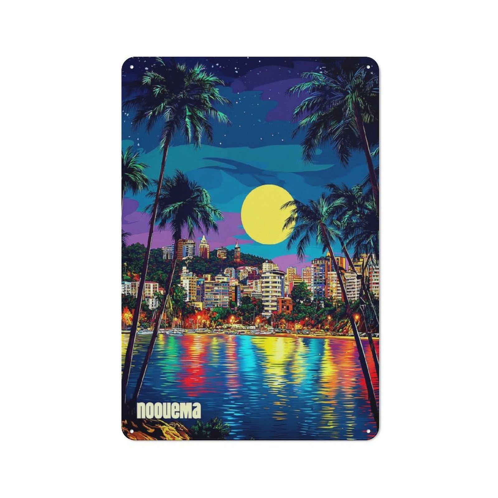 Junmoney Neon Nightscape With Palm Trees Retro Metal Plaque 30X20cm For Garage Or Workshop, Housewarming Wall Decor For People Furnishing Garage And Workshop