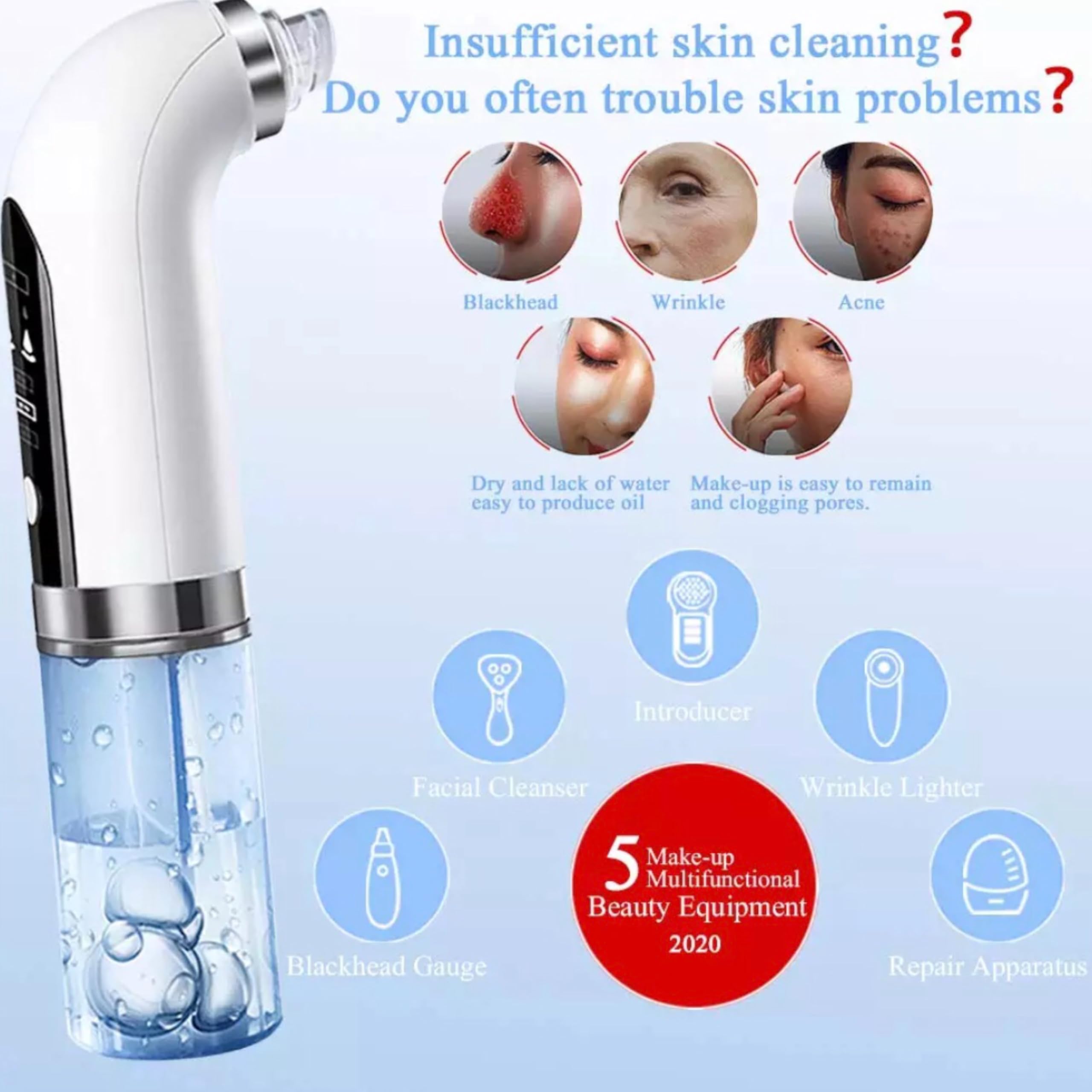 Lalano’S Cosmetics Mitesserentferner Super micro bubble – Porenreiniger mit LCD, Mikrobubble-Technologie, Vakuumsauger gegen Akne & Pickel, 6 Aufsätze, kabellos, LED, alle Hauttypen