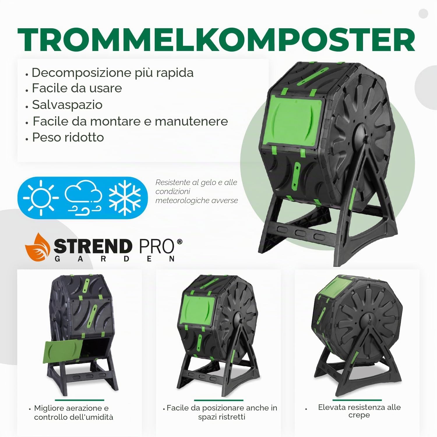 STREND PRO Mini Compostiera da Balcone 70 L - Piccola Compostiera da Giardino Con Tumbling per Compost Veloce e di Alta Qualità