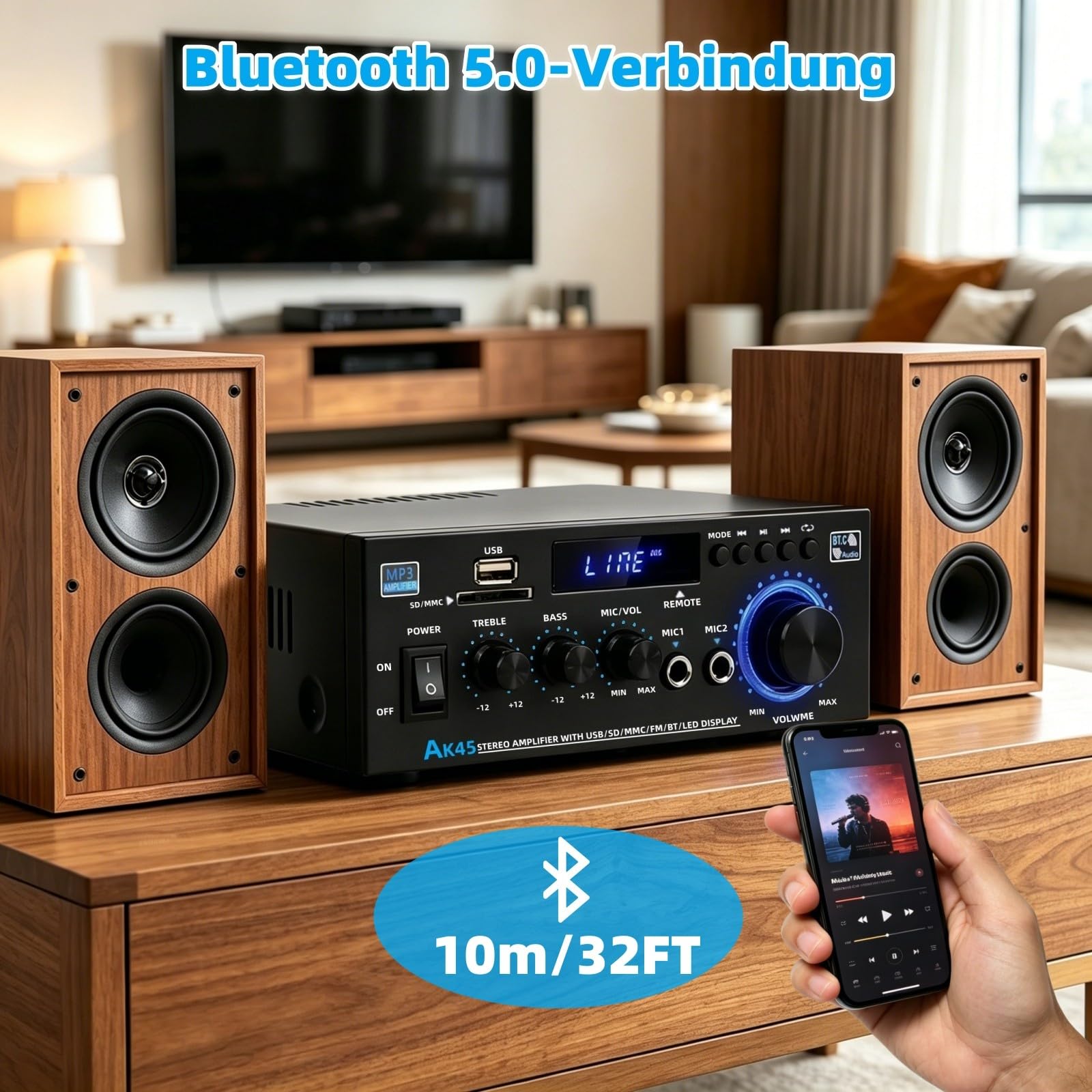 AK45 HiFi wzmacniacz Bluetooth Mini Stereo Audio Receiver 2.0-kanałowy wzmacniacz dźwięku z radiem FM, wejściem na kartę SD/USB, mikrofon do karaoke, regulator basów i wysokości, do domu, samochodu