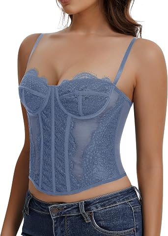 Lace Corset Tops for Women Sexy Going Out Bustier Top Sleeveless Adjustable Straps Crop Tops with Back Hooks