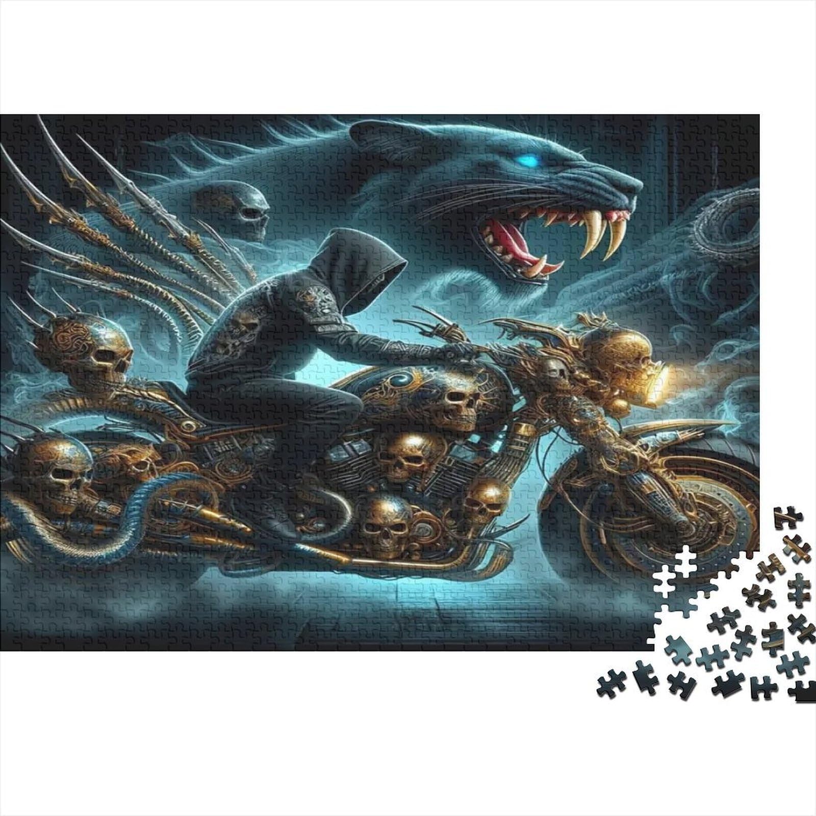 Shadow Rider Motorcycle 1000 Piece Jigsaw Puzzle for Adults Fantasy Art Skull Panther Night Scene Puzzle Game for Family Home Relaxation Decoration 52x38cm/1000pcs