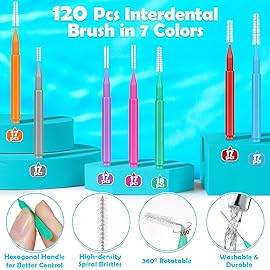 Modacraft 120Pcs Interdental Brush 7 Sizes Braces Brush Toothpicks with Soft Bristles 360 Bendable Floss Heads Dental Brushes Between Teeth Gum Braces Cleaning Kit Oral Tooth Cleaning Tool