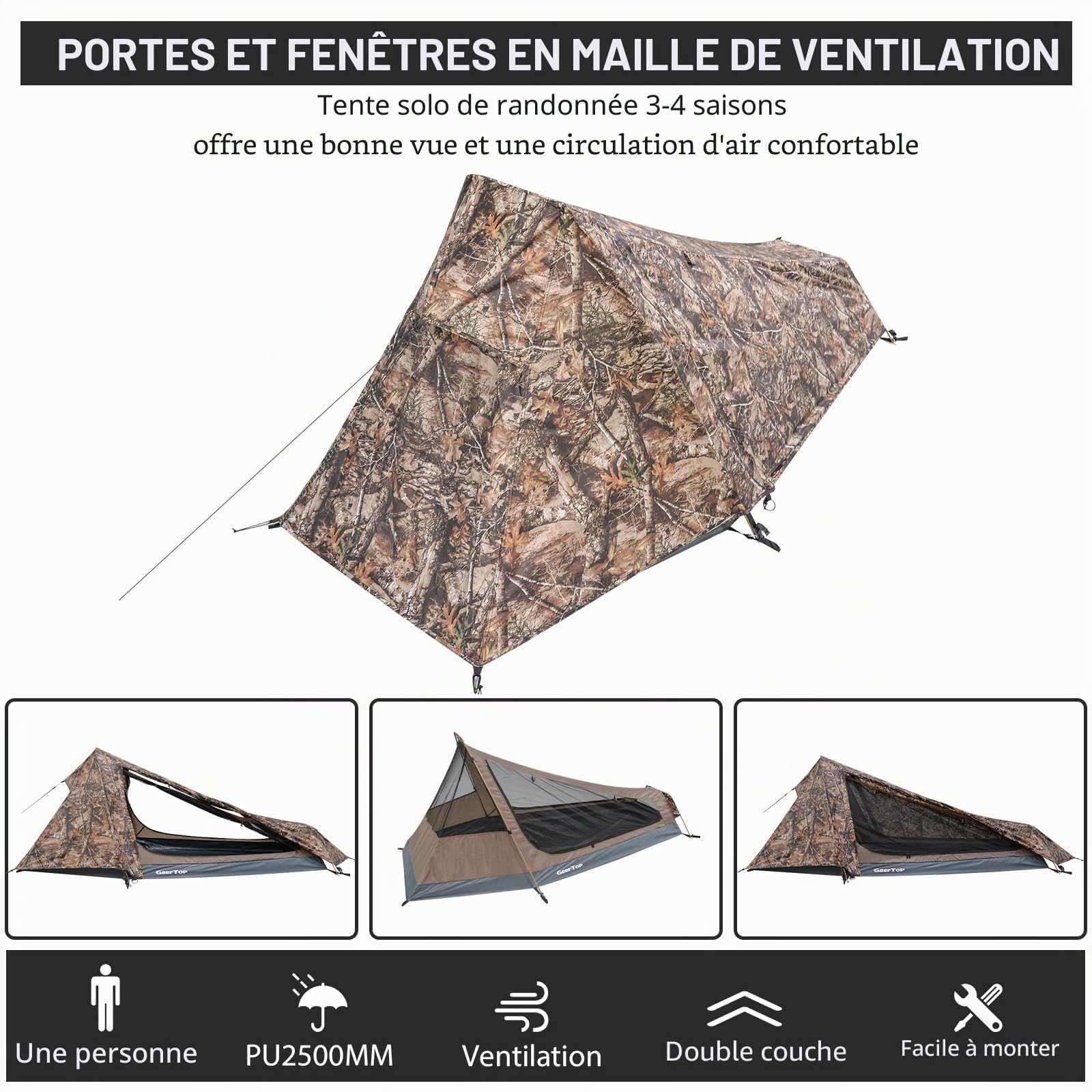 GEERTOP Tente de Randonnée Ultra Légère 1 Personne 3-4 Saison pour Camping Trekking d’Extérieur