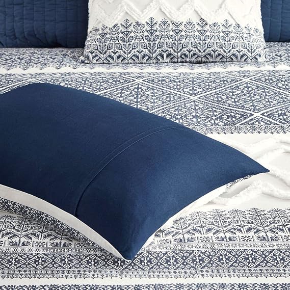 Ink+Ivy Queen Comforter Set, Chic Chevron Chenille Tufting Accent, Boho Comforters, All Season, Lightweight Cotton Comforter Bedding, 2 Shams, Mila, Full Navy 3 Piece
