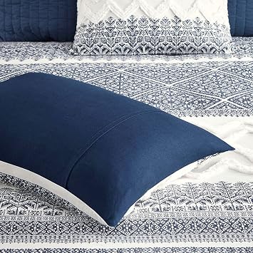 Ink+Ivy Queen Comforter Set, Chic Chevron Chenille Tufting Accent, Boho Comforters, All Season, Lightweight Cotton Comforter Bedding, 2 Shams, Mila, Full Navy 3 Piece