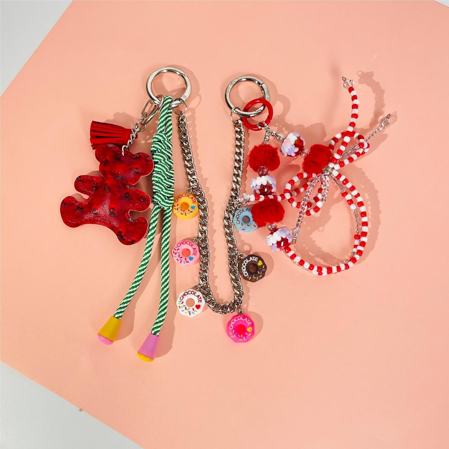 QTMY Cute Bear Doughnut Beaded Braided Keychain Bag Charms for Handbag Purse Backpack Accessories Bogg Bag,564-1 - Image 3