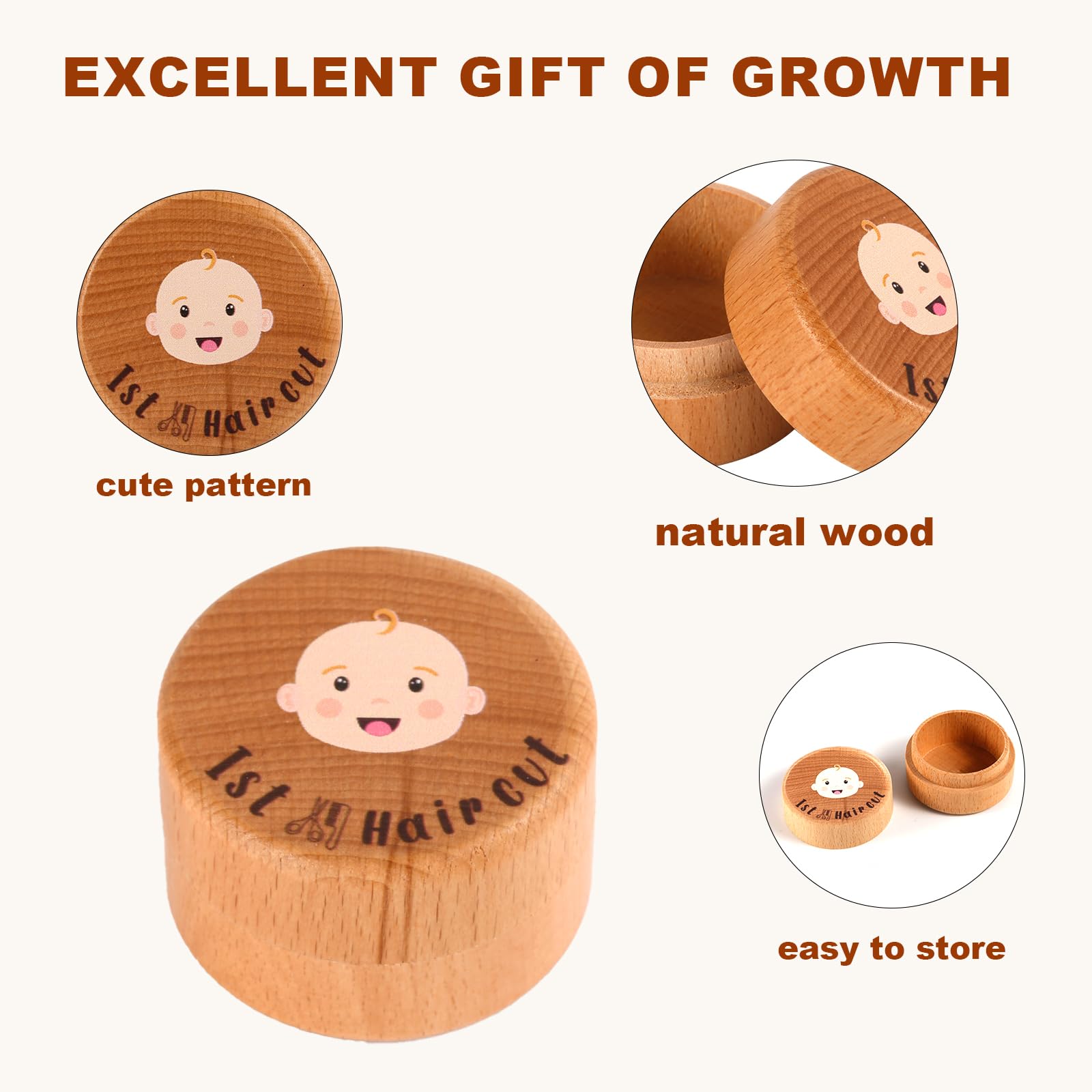 AHANDMAKER Scatola Ricordi In Legno Per Primi Capelli Del Bambino - Custodia Porta Ciocche 3D Con Decorazioni - Regalo Baby Shower E Compleanno (5x5x3,6 Cm)