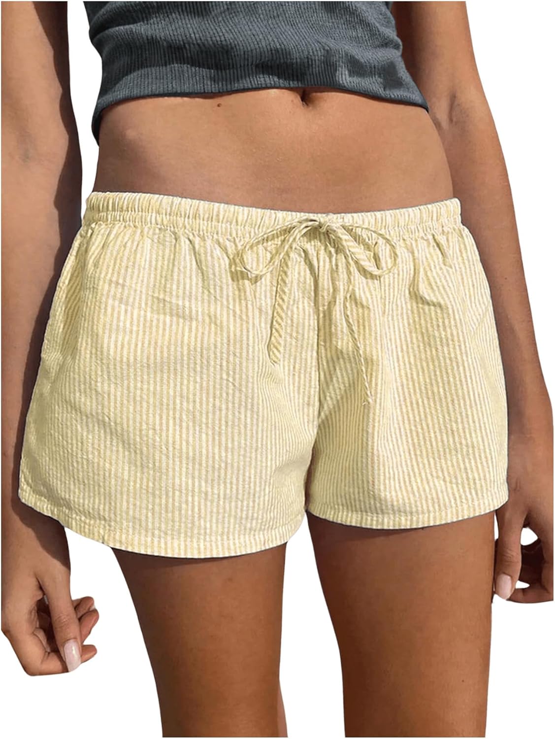 Women's Striped Shorts Print Drawstring Elastic Waist Shorts Casual Wide Leg Low Rise Summer Boxer Shorts