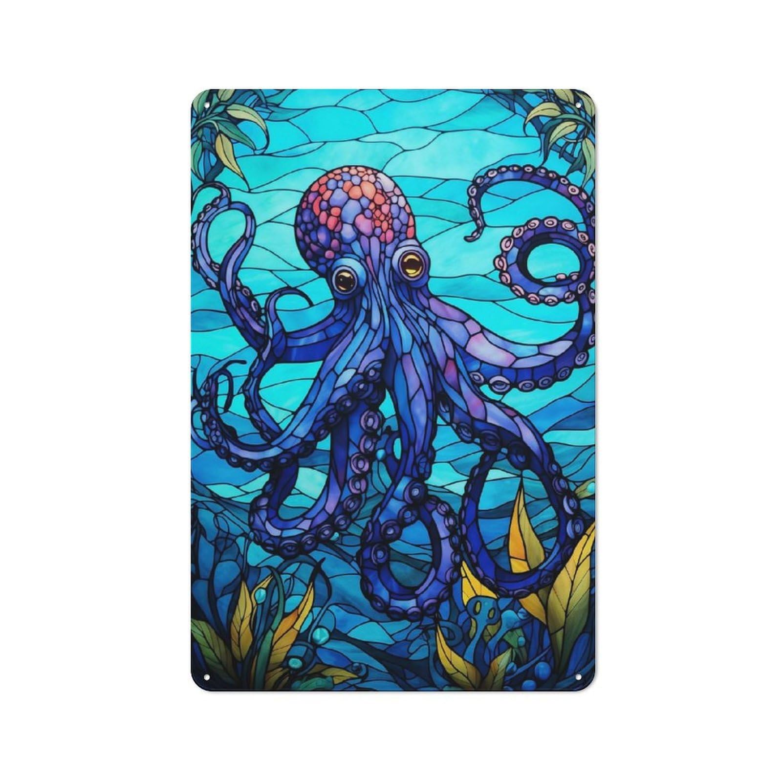 Junmoney Style-4 Smart Tin Sign 30X20cm Featuring Octopus Sea Stained Glass, Office Wall Decor For Workspace, Cafe, Shop Or Desk Area