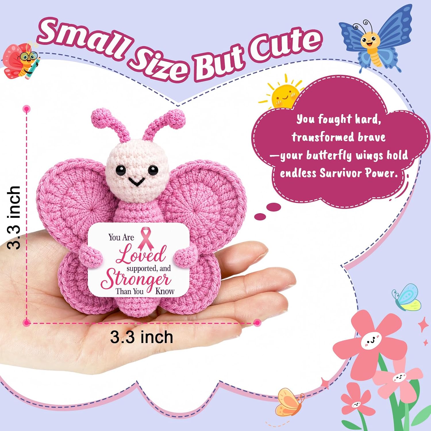 Breast Cancer Gifts for Women Survivor, Breast Cancer Awareness Accessories Mastectomy Gifts Hanmade Crochet Pink Butterfly as Pink Ribbon Gift, Get Well Recover Encouragement Gift for Women