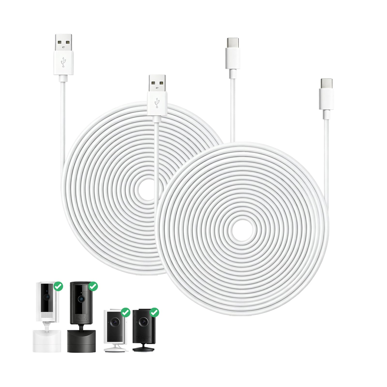 2 Pack 16.4FT USB-A to USB-C Power Cable Compatible with Ring Indoor Cam Plus (2K) & Pan-Tilt Indoor Cam – Extra Long Continuous Power Supply Extension Cord, Home Security Camera Accessories White