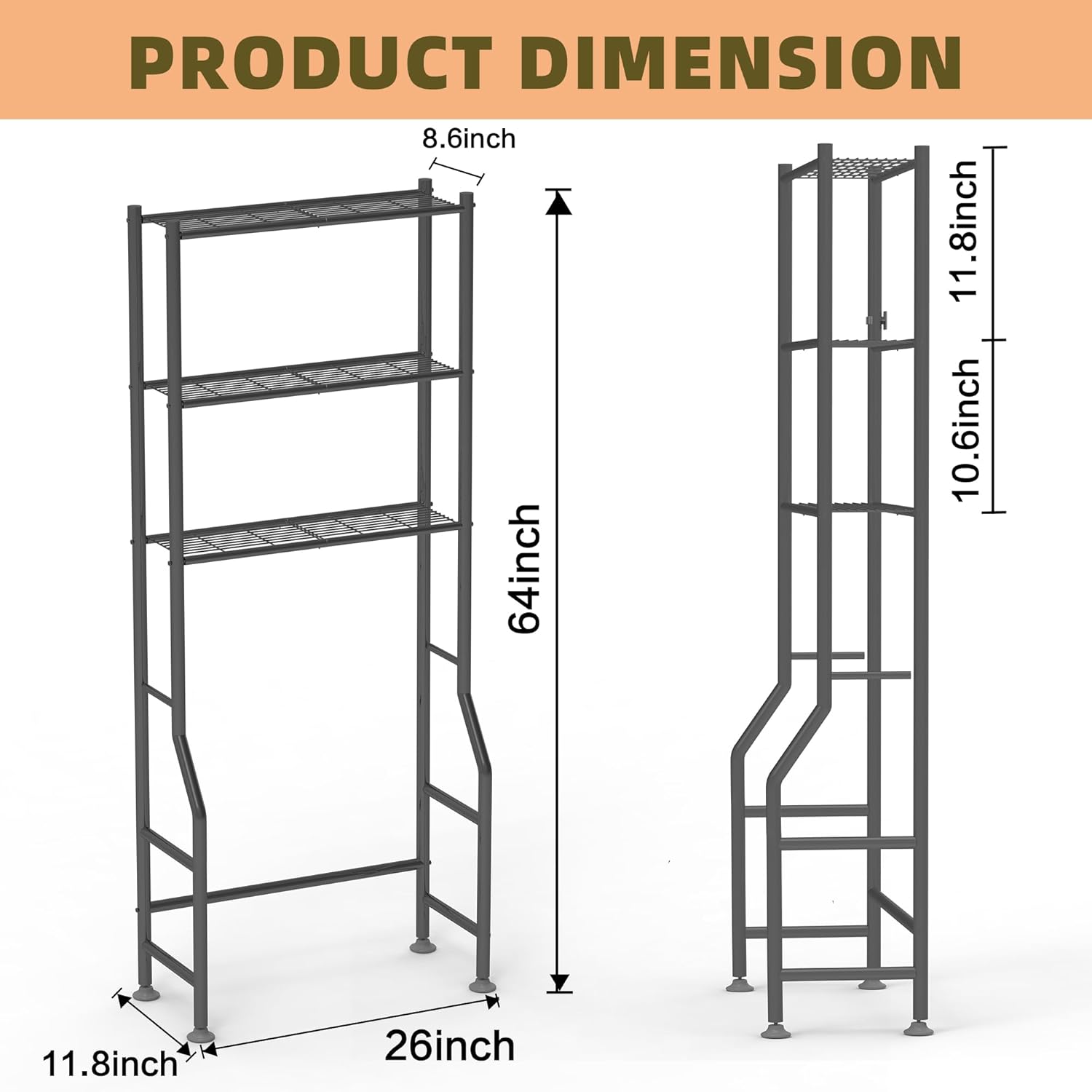 3-Tier Over The Toilet Storage Rack, Space Saver Metal Bathroom Shelves, Freestanding Over Toilet Bathroom Organizer for Bathroom/Living Room, Black