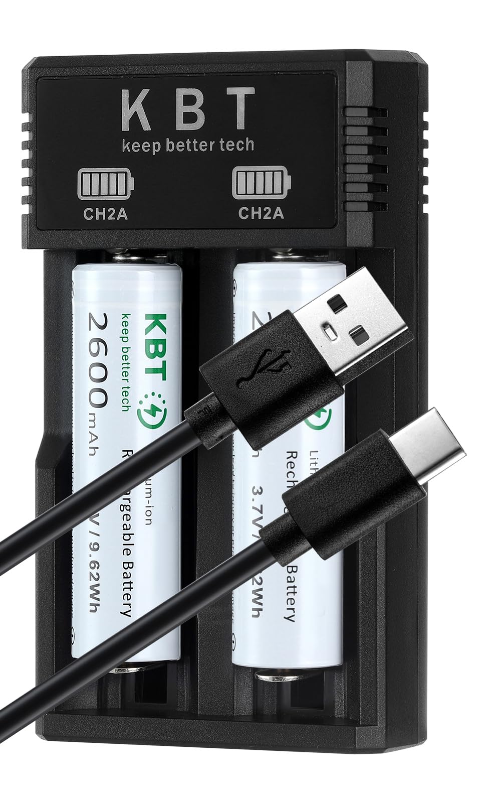 KBT 3.7V Li-ion Battery Charger with 2Pack 3.7V 2600mAh Battery Smart Charger for 14500 18350 18500 18650 21700 26650 Batteries